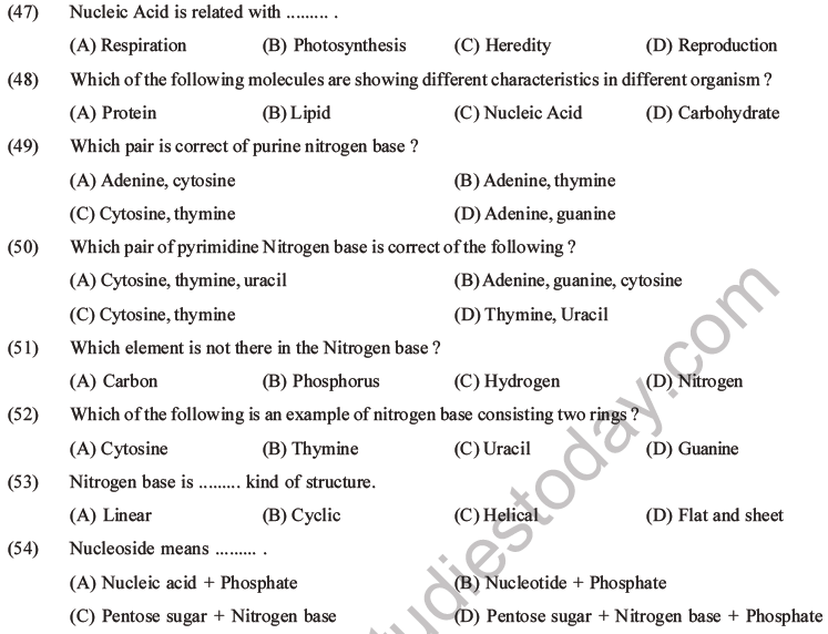 NEET Biology Biomolecules MCQs Set D, Multiple Choice Questions
